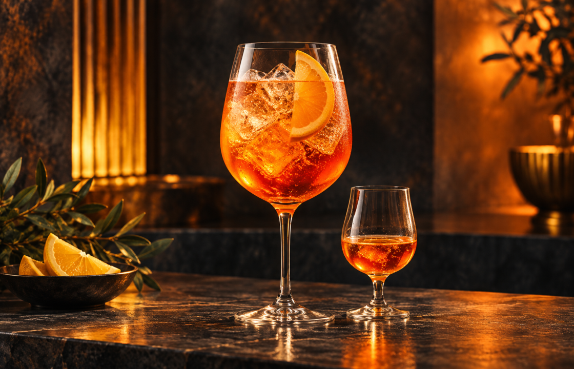 Aperone Spritz kokteilio ir nedidelio paragavimo taurės – iliustracija