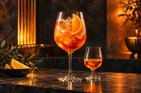 Aperone Spritz kokteilio ir nedidelio paragavimo taurės – iliustracija